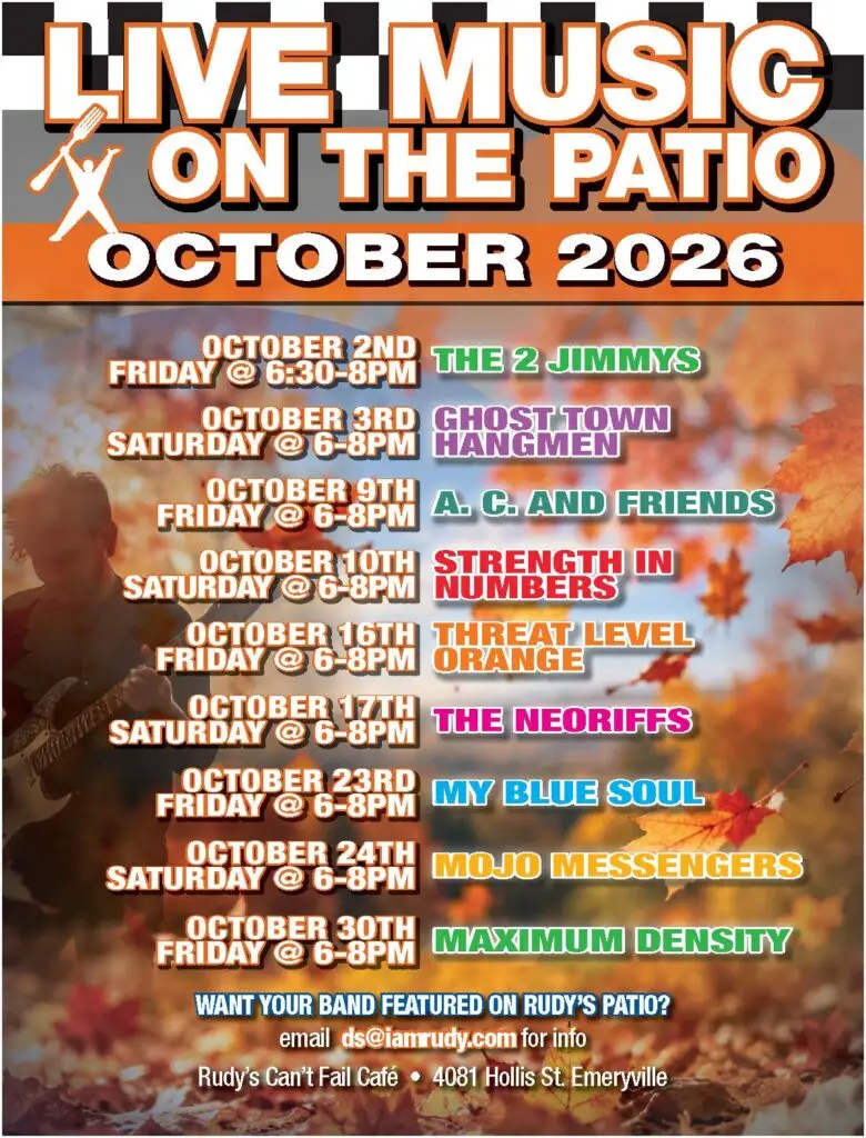 October 2026 Live Music on the Patio schedule at Rudy’s Can’t Fail Café in Emeryville