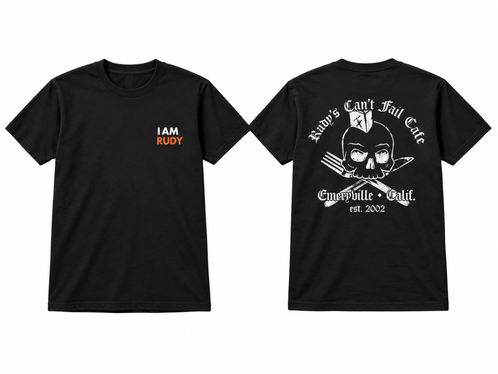 Rudy's Can't Fail Cafe black T-shirt, front and back design